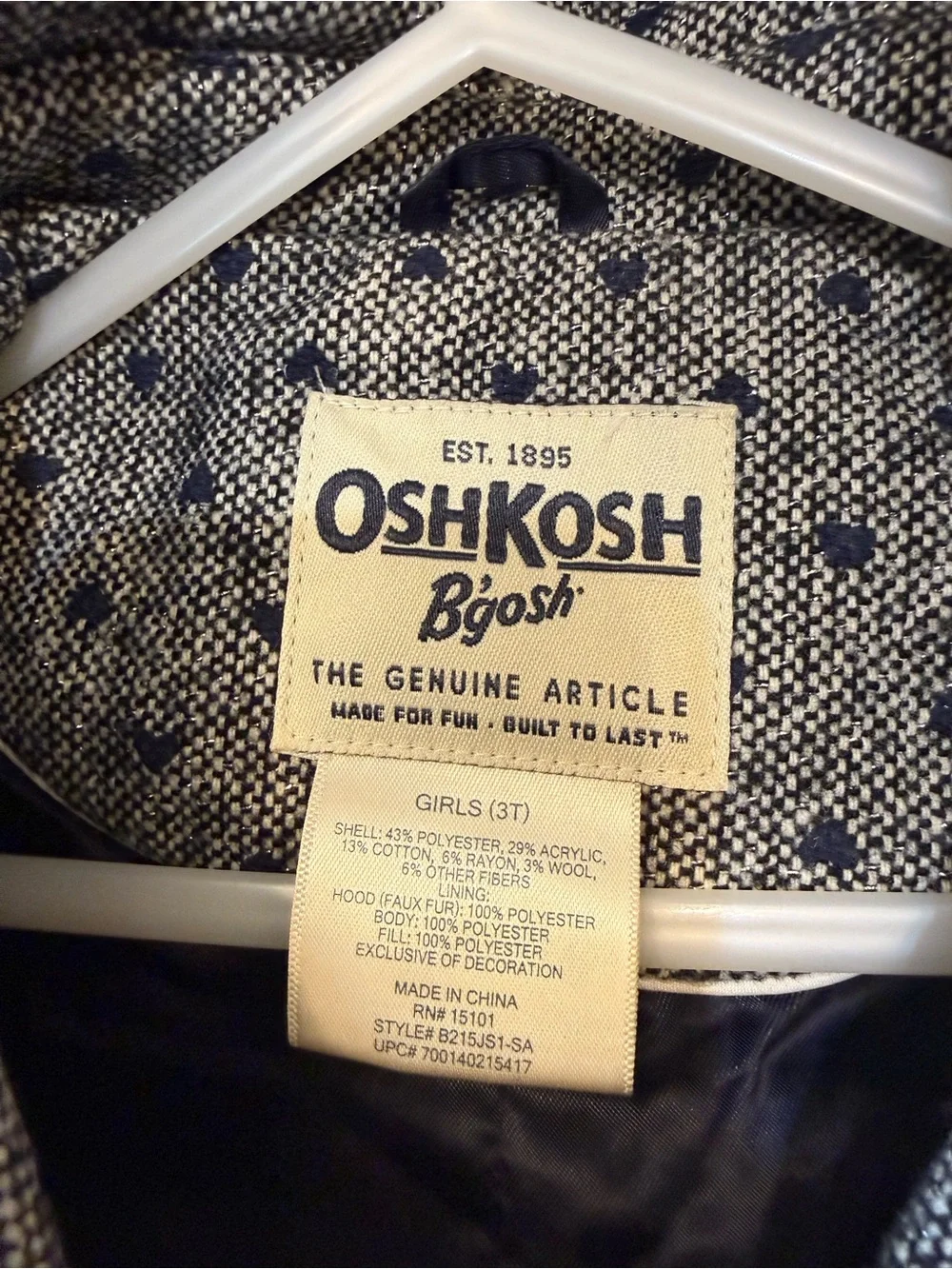 OshKosh B'gosh Gray & Navy Girls' 3T Pea Coat Grey with Navy Heart Design
